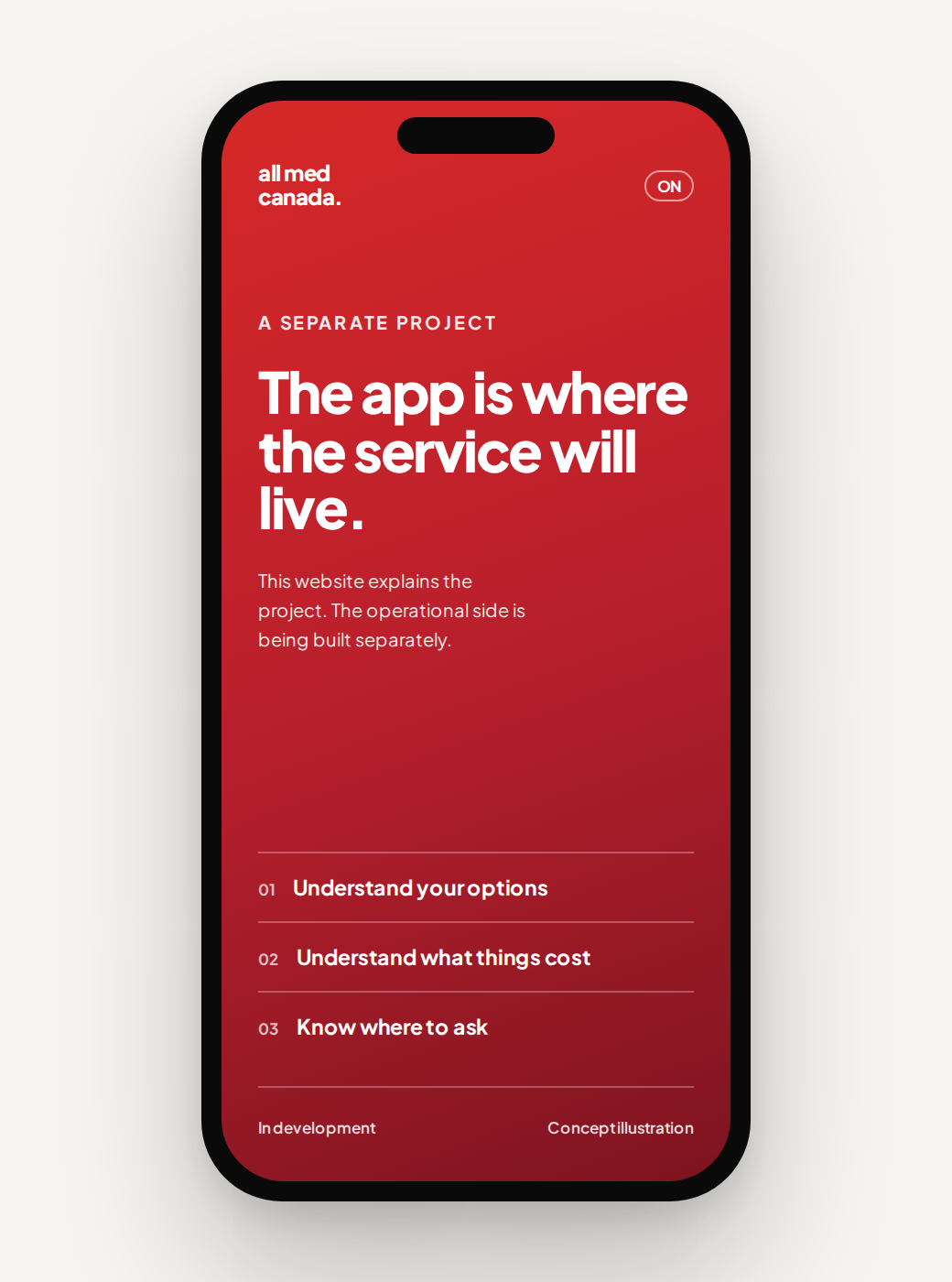 Concept illustration of a phone screen reading, the app is where the service will live, with the three steps understand your options, understand what things cost, and know where to ask.